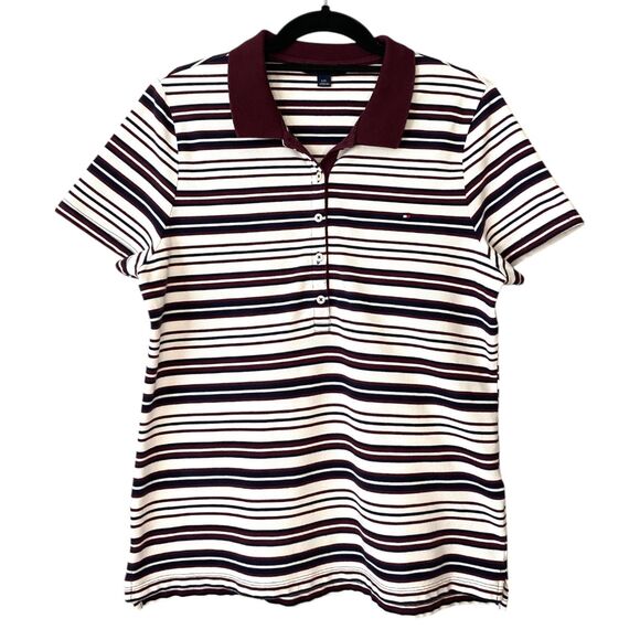 Tommy Hilfiger Striped Short Sleeve Polo Shirt White Burgundy - Picture 1 of 9